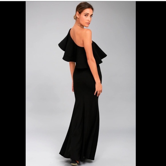 LULUS • So Amazed One Shouldered Black Formal Maxi Gown Ruffle Trim - Picture 2 of 7